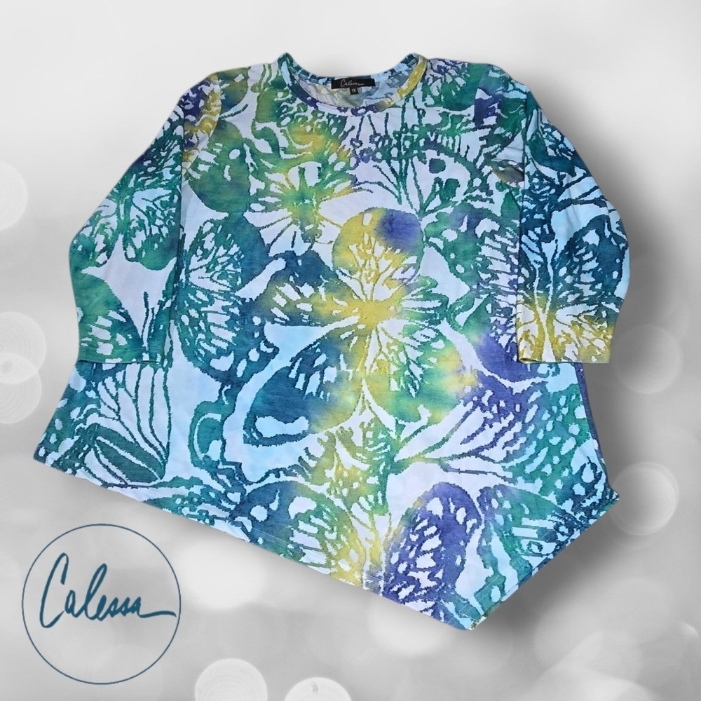 Calessa Womens Textured Boho Sharkbite Hem Fairy Forest Tunic‎ Top Blue Green 1X